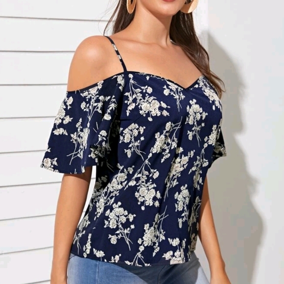 SHEIN cold shoulder botanical print top - Picture 4 of 12